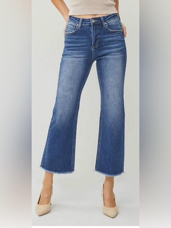 Risen Jeans Denim - Risen RDP5572 High Rise Wide Straight Crop Raw Hem Jeans Women’s 7/28 Dark Wash